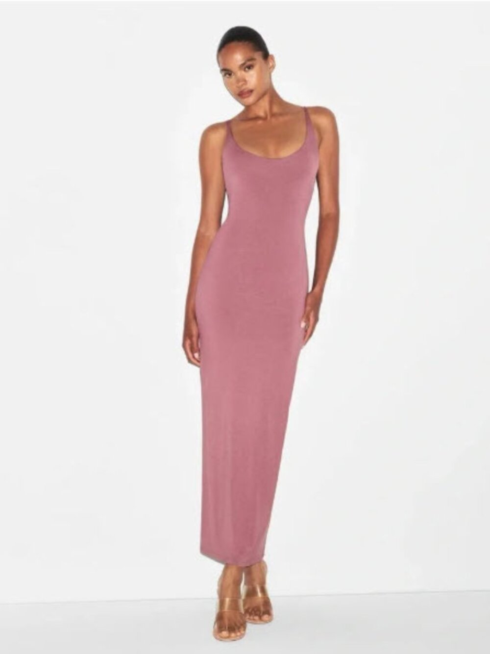 SKIMS Smooth Lounge Scoop Neck Full Length Slip Dress. In Redwood. Small.